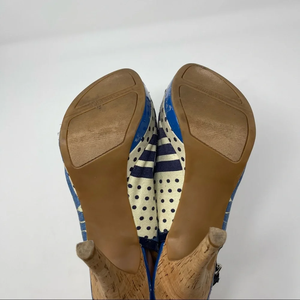 Nine West Blue Patterned Cork Heel Slingback Peep Toe Pumps Size 10 - Picture 5 of 8